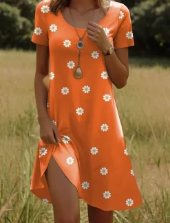 Sale Women's Mini Dress T Shirt Dress Tee Dress A Line Dress Summer Dress Casual Holiday Beach Regular Fit Floral Graphic Short Sleeve Crew Neck Red Light Brown Blue Orange Summer Spring Women T Shirt Dresses