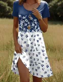 Sale Women's Mini Dress T Shirt Dress Tee Dress A Line Dress Summer Dress Casual Holiday Beach Regular Fit Floral Graphic Short Sleeve Crew Neck Red Light Brown Blue Orange Summer Spring Women T Shirt Dresses