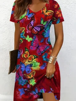 Women's Mini Dress T Shirt Dress Tee Dress A Line Dress Summer Dress Vacation Casual Holiday Regular Fit Floral Graphic Animal Short Sleeve Crew Neck Yellow Red Blue Purple Summer Spring Women T Shirt Dresses
