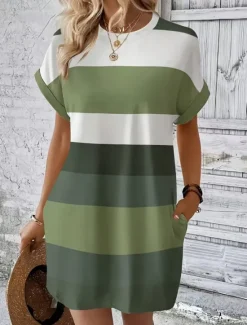 Sale Women's Mini Dress T Shirt Dress Tee Dress Shift Dress Casual Outdoor Daily Holiday Regular Fit Stripe Short Sleeve Crew Neck Orange Summer Women T Shirt Dresses