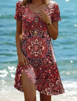 Clearance Women's Mini Dress Vintage Dress Casual Dress Boho Chic Dresses Bohemia Vacation Vintage Vacation Daily Regular Fit Geometric Paisley Boho Paisley Damask Short Sleeve Crew Neck Pink Red Blue Green Women T Shirt Dresses