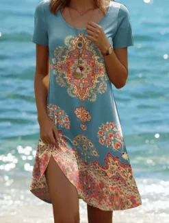 Clearance Women's Mini Dress Vintage Dress Casual Dress Boho Chic Dresses Bohemia Vacation Vintage Vacation Daily Regular Fit Geometric Paisley Boho Paisley Damask Short Sleeve Crew Neck Pink Red Blue Green Women T Shirt Dresses