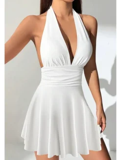 Outlet Women's Mini Dress White Dress Graduation Dress Fashion Outdoor Birthday Graduation Regular Fit Plain Sleeveless Halter Neck Black White Red Summer Women White Dresses
