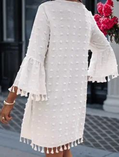 New Women's Mini Dress White Dress Casual Flared Sleeve Vacation Daily Loose Fit 3/4 Length Sleeve V Neck White Light Green Summer Women White Dresses