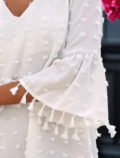 New Women's Mini Dress White Dress Casual Flared Sleeve Vacation Daily Loose Fit 3/4 Length Sleeve V Neck White Light Green Summer Women White Dresses