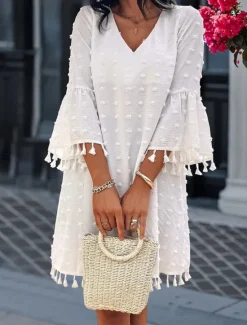 New Women's Mini Dress White Dress Casual Flared Sleeve Vacation Daily Loose Fit 3/4 Length Sleeve V Neck White Light Green Summer Women White Dresses