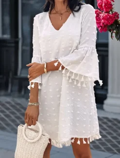 New Women's Mini Dress White Dress Casual Flared Sleeve Vacation Daily Loose Fit 3/4 Length Sleeve V Neck White Light Green Summer Women White Dresses