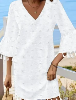 New Women's Mini Dress White Dress Casual Flared Sleeve Vacation Daily Loose Fit 3/4 Length Sleeve V Neck White Light Green Summer Women White Dresses