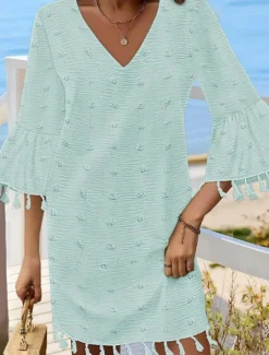 New Women's Mini Dress White Dress Casual Flared Sleeve Vacation Daily Loose Fit 3/4 Length Sleeve V Neck White Light Green Summer Women White Dresses
