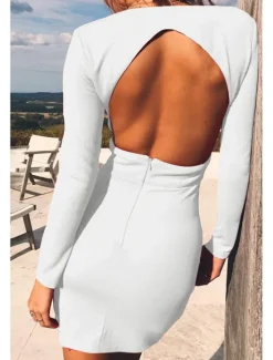 Outlet Women's Mini Dress White Dress Graduation Dress Bodycon Fashion Modern Outdoor Birthday Graduation Regular Fit Plain Long Sleeve Deep V Black White Red Summer Women White Dresses