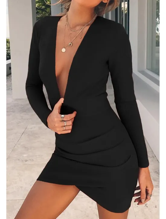 Outlet Women's Mini Dress White Dress Graduation Dress Bodycon Fashion Modern Outdoor Birthday Graduation Regular Fit Plain Long Sleeve Deep V Black White Red Summer Women White Dresses