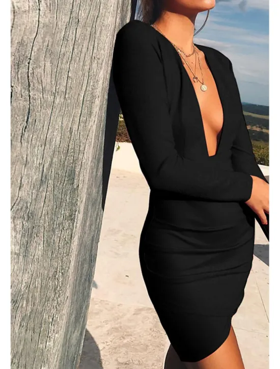 Outlet Women's Mini Dress White Dress Graduation Dress Bodycon Fashion Modern Outdoor Birthday Graduation Regular Fit Plain Long Sleeve Deep V Black White Red Summer Women White Dresses
