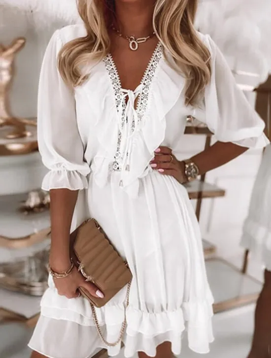 New Women's Mini Dress Dress Casual Dress Summer Dress Plain Dress Vintage Streetwear Vacation Street Holiday Loose Fit Plain Half Sleeve V Neck Summer Women White Dresses