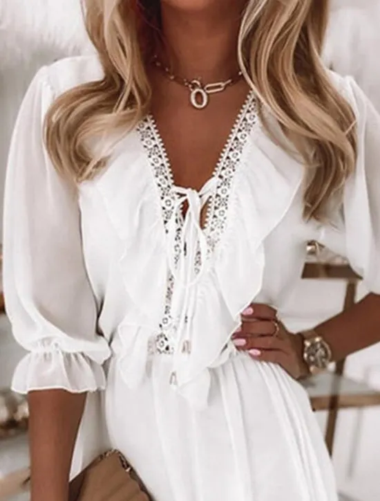 New Women's Mini Dress Dress Casual Dress Summer Dress Plain Dress Vintage Streetwear Vacation Street Holiday Loose Fit Plain Half Sleeve V Neck Summer Women White Dresses