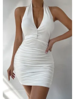 Outlet Women's Mini Dress White Dress Graduation Dress Bodycon Halter Neck Dress Fashion Vacation Graduation Going out Regular Fit Plain Sleeveless Halter Neck Black White Orange Summer Women White Dresses