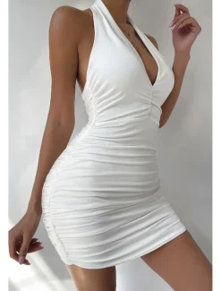 Outlet Women's Mini Dress White Dress Graduation Dress Bodycon Halter Neck Dress Fashion Vacation Graduation Going out Regular Fit Plain Sleeveless Halter Neck Black White Orange Summer Women White Dresses