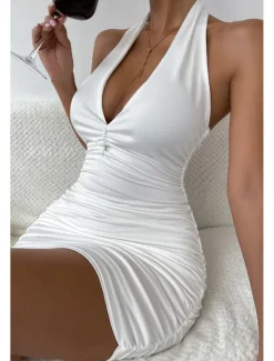 Outlet Women's Mini Dress White Dress Graduation Dress Bodycon Halter Neck Dress Fashion Vacation Graduation Going out Regular Fit Plain Sleeveless Halter Neck Black White Orange Summer Women White Dresses