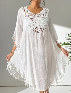Best Women's Mini Dress White Dress Lace Dress Shirt Dress Summer Dress Streetwear Basic Casual Vacation Street Holiday Regular Fit 3/4 Length Sleeve Crew Neck Black White Blue Orange Summer Women White Dresses