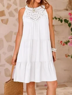 Outlet Women's Mini Dress White Dress Casual Dress Tank Dress Stylish Basic Casual Vacation Daily Regular Fit Plain Sleeveless Crew Neck White Fuchsia Summer Women Sundresses