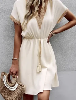 Women's Mini Dress White Dress White Lace Dress with Sleeves Sundress Casual Vacation Daily Loose Fit Solid Color Short Sleeve V Neck Dark Green Beige Summer Spring Women White Dresses