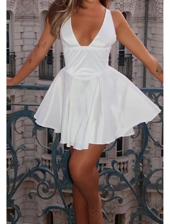 Outlet Women's Mini Dress Dress Graduation Dress Homecoming Dress Fashion Graduation Date Going out Regular Fit Plain Sleeveless Deep V Summer Women White Dresses