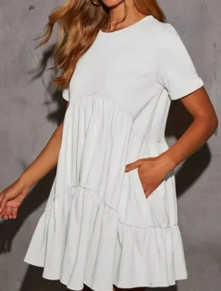 New Women's Mini Dress White Dress Casual Dress Summer Dress Stylish Casual Vacation Daily Date Regular Fit Plain Short Sleeve Crew Neck Black White Red Apricot Summer Women White Dresses