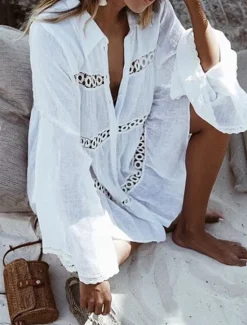 Discount Women's Mini Dress Dress Lace Dress Shirt Dress Casual Dress Streetwear Vacation Street Holiday Loose Fit Long Sleeve Shirt Collar Summer Spring Women White Dresses
