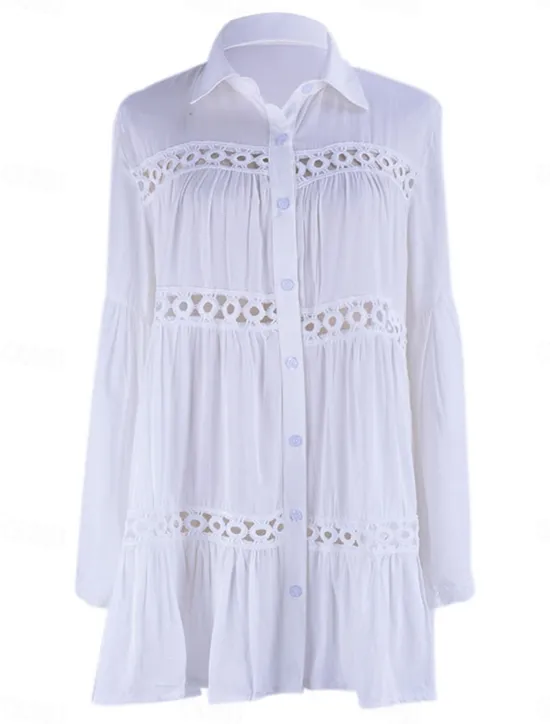 Discount Women's Mini Dress Dress Lace Dress Shirt Dress Casual Dress Streetwear Vacation Street Holiday Loose Fit Long Sleeve Shirt Collar Summer Spring Women White Dresses