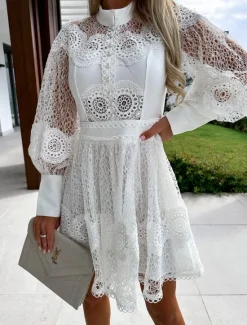 Outlet Women's Mini Dress White Dress Lace Dress Casual Dress A Line Dress Streetwear A Line Street Date Regular Fit Long Sleeve Stand Collar Black White Summer Women White Dresses
