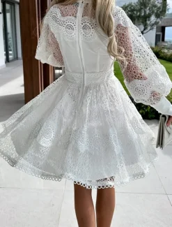 Outlet Women's Mini Dress White Dress Lace Dress Casual Dress A Line Dress Streetwear A Line Street Date Regular Fit Long Sleeve Stand Collar Black White Summer Women White Dresses