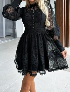 Outlet Women's Mini Dress White Dress Lace Dress Casual Dress A Line Dress Streetwear A Line Street Date Regular Fit Long Sleeve Stand Collar Black White Summer Women White Dresses