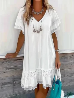 Hot Women's Mini Dress Dress Lace Dress Casual Dress A Line Dress Basic Casual Vacation Daily Regular Fit Graphic Short Sleeve V Neck Summer Women White Dresses