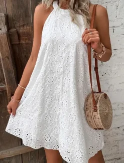 Sale Women's Mini Dress White Dress Casual Dress Cut Out Dress Summer Dress Fashion Outdoor Holiday Date Regular Fit Plain Sleeveless Halter Neck Orange Green Beige Summer Spring Women White Dresses