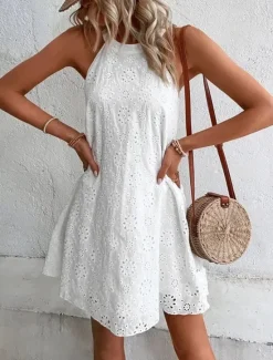 Sale Women's Mini Dress White Dress Casual Dress Cut Out Dress Summer Dress Fashion Outdoor Holiday Date Regular Fit Plain Sleeveless Halter Neck Orange Green Beige Summer Spring Women White Dresses
