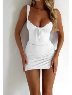 Sale Women's Mini Dress White Dress Graduation Dress Lace Dress Slip Dress Fashion Modern Birthday Graduation Date Regular Fit Plain Sleeveless Spaghetti Strap Light Yellow White Light Blue Summer Women White Dresses