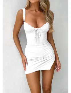 Sale Women's Mini Dress White Dress Graduation Dress Lace Dress Slip Dress Fashion Modern Birthday Graduation Date Regular Fit Plain Sleeveless Spaghetti Strap Light Yellow White Light Blue Summer Women White Dresses