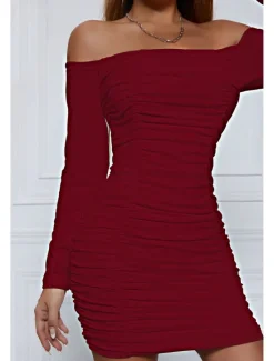 Sale Women's Mini Dress White Dress Graduation Dress Bodycon Fashion Modern Vacation Birthday Graduation Regular Fit Plain Long Sleeve Off Shoulder Black White Wine Red Summer Women White Dresses