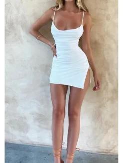 Sale Women's Mini Dress Dress Graduation Dress Sexy Dress Slip Dress Fashion Mature Graduation Date Going out Regular Fit Plain Sleeveless Spaghetti Strap Summer Women White Dresses