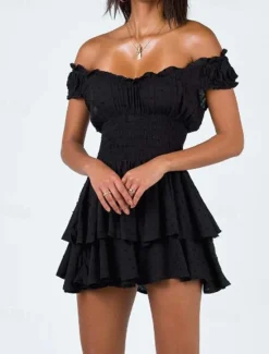 Online Women's Mini Dress White Dress Graduation Dress Fashion Party Birthday Date Regular Fit Plain Short Sleeve Off Shoulder Black White Summer Women White Dresses