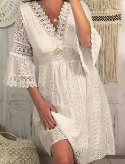 New Women's Mini Dress White Dress Lace Dress Casual Dress Boho Dress Casual Sports & Outdoor Street Regular Fit Plain 3/4 Length Sleeve V Neck White Apricot Summer Spring Fall Women White Dresses