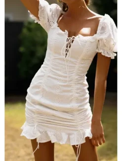 Outlet Women's Mini Dress Dress Graduation Dress Fashion Vacation Birthday Weekend Regular Fit Plain Short Sleeve Square Neck Summer Women White Dresses