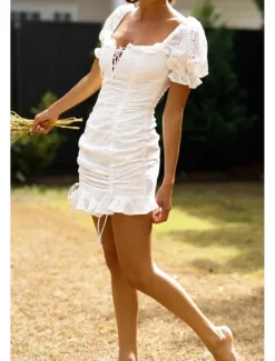 Outlet Women's Mini Dress Dress Graduation Dress Fashion Vacation Birthday Weekend Regular Fit Plain Short Sleeve Square Neck Summer Women White Dresses
