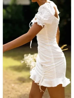 Outlet Women's Mini Dress Dress Graduation Dress Fashion Vacation Birthday Weekend Regular Fit Plain Short Sleeve Square Neck Summer Women White Dresses