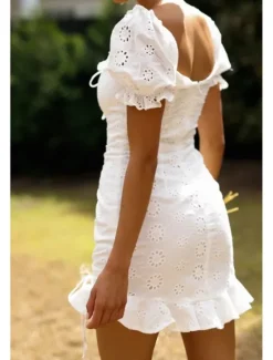 Outlet Women's Mini Dress Dress Graduation Dress Fashion Vacation Birthday Weekend Regular Fit Plain Short Sleeve Square Neck Summer Women White Dresses