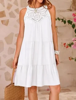Discount Women's Mini Dress White Dress Lace Dress Boho Dress Casual Vacation Street Regular Fit Sleeveless Crew Neck Black White Red Navy Blue Summer Women White Dresses