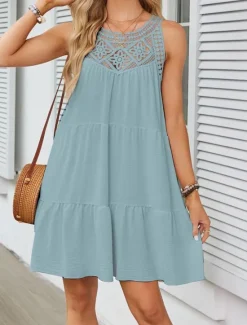 Discount Women's Mini Dress White Dress Lace Dress Boho Dress Casual Vacation Street Regular Fit Sleeveless Crew Neck Black White Red Navy Blue Summer Women White Dresses