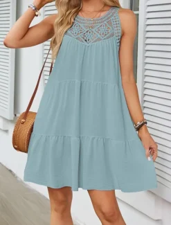 Discount Women's Mini Dress White Dress Lace Dress Boho Dress Casual Vacation Street Regular Fit Sleeveless Crew Neck Black White Red Navy Blue Summer Women White Dresses
