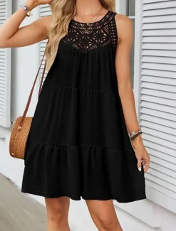 Discount Women's Mini Dress White Dress Lace Dress Boho Dress Casual Vacation Street Regular Fit Sleeveless Crew Neck Black White Red Navy Blue Summer Women White Dresses
