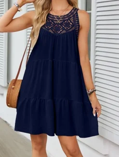 Discount Women's Mini Dress White Dress Lace Dress Boho Dress Casual Vacation Street Regular Fit Sleeveless Crew Neck Black White Red Navy Blue Summer Women White Dresses