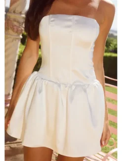 New Women's Mini Dress Dress Graduation Dress Fashion Graduation Tea Party Weekend Regular Fit Plain Sleeveless Strapless Summer Women White Dresses